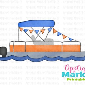 May include: A cartoon illustration of a blue and orange pontoon boat with a blue canopy and a string of orange and blue pennant flags. The boat is on a blue wave.