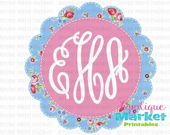 Scallop Circle Monogram Frame Faux Applique Fabric Ricamo stampabile PNG, Design sublimazione, Download istantaneo digitale per il trasferimento di calore