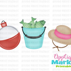May include: Three fishing-themed appliques: a red and white fishing bobber, a blue bucket with green fish inside, and a brown hat with a pink band.