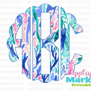 Preppy Floral Lilly inspirado vieira redonda monograma fuente imprimible PNG, diseño de sublimación, descarga digital para transferencia de calor