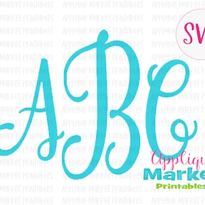 May include: Turquoise monogram letters A, B, and C in a cursive font. The design includes the text "Applique Market Printables" and an "SVG" graphic, all on a white background.
