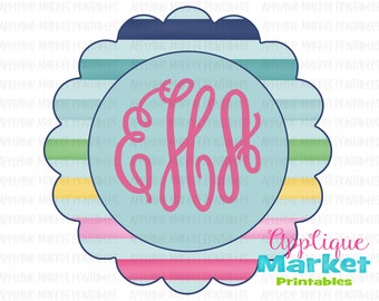Preppy Stripe Pink Green Blue Green Scallop Circle Monogram Frame Watercolor PNG, Sublimation Design, Digital Instant Download Heat Transfer