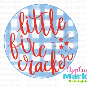 Blue Watercolor Gingham Little Firecracker Circle PNG, Sublimation Design, Digital Instant Download for Heat Transfer