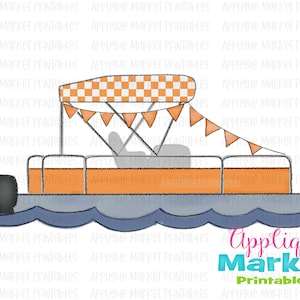 May include: A cartoon illustration of a small orange and white boat with a checkered canopy and a string of orange pennants. The boat is floating on blue water.