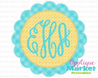 Scallop Circle Monogram Frame Faux Applique Fabric Aqua Yellow Printable PNG, Sublimation Design, Digital Instant Download for Heat Transfer