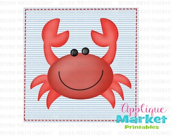 Red Crab Patch Beach Ticking Blue Stripe Watercolor Printable PNG Clipart for Digital Download, Sublimation and Heat Transfer Printables