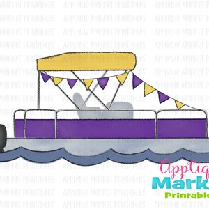 May include: A purple and gray cartoon boat with a yellow canopy and purple and yellow pennant flags. The boat is floating on blue water.