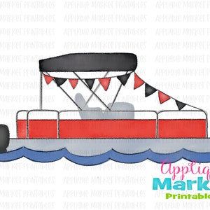 May include: A red and gray pontoon boat with a black canopy and red and black pennant flags. The boat is on a blue wave.
