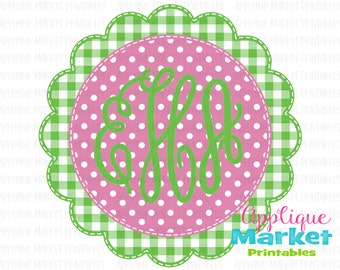 Scallop Circle Monogram Frame Faux Applique Fabric Pink Green Printable PNG, Sublimation Design, Digital Instant Download for Heat Transfer