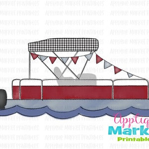 May include: A red and white pontoon boat with a black and white checkered canopy. The boat has a gray motor and is surrounded by blue water. There are red and blue flags hanging from the canopy.
