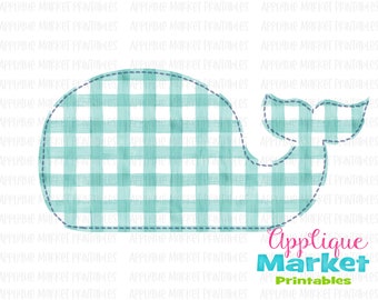 Preppy Aqua Gingham Whale Faux Applique Watercolor PNG, Sublimation Design, Digital Instant Download for Heat Transfer