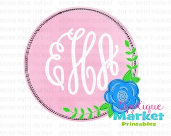 Pink Circle Blue Flower Vine Faux Stitches Printable PNG, Sublimation Design, Digital Instant Download for Heat Transfer