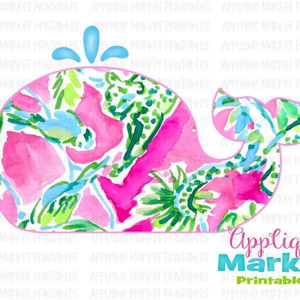 Preppy Whale Spout Lilly Inspired Pink Blue Watercolor PNG, Sublimation Design, Digital Instant Download for Heat Transfer