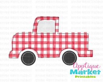 Pickup Truck Red Gingham Faux Applique Printable PNG, Sublimation Design, Digital Instant Download for Heat Transfer