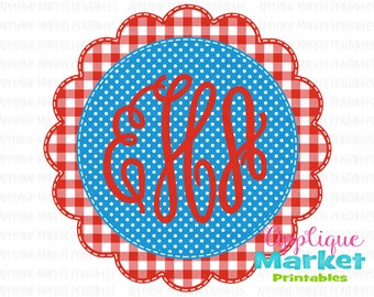 Scallop Circle Monogram Frame Faux Applique Tessuto Rosso Blu Stampabile PNG, Design sublimazione, Download istantaneo digitale per il trasferimento di calore