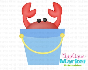 Beach Bucket Pail Peeking Crab Red Blue Watercolor Printable PNG Clipart for Digital Download, Sublimation and Heat Transfer Printables
