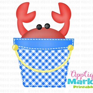 May include: A red cartoon crab peeking out of a blue and white gingham bucket with a yellow handle. The bucket is filled with a blue and white checkered pattern.