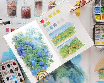 Revista de arte de viajes hecha a mano: Corea del Sur, viajes a la isla de Jeju / Revistas de arte, bocetos descartados en gouache y lápiz de color