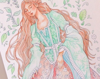 Ilustración de moda medieval para colorear, página para imprimir y descargar digitalmente para adultos, vestimenta medieval y moda histórica