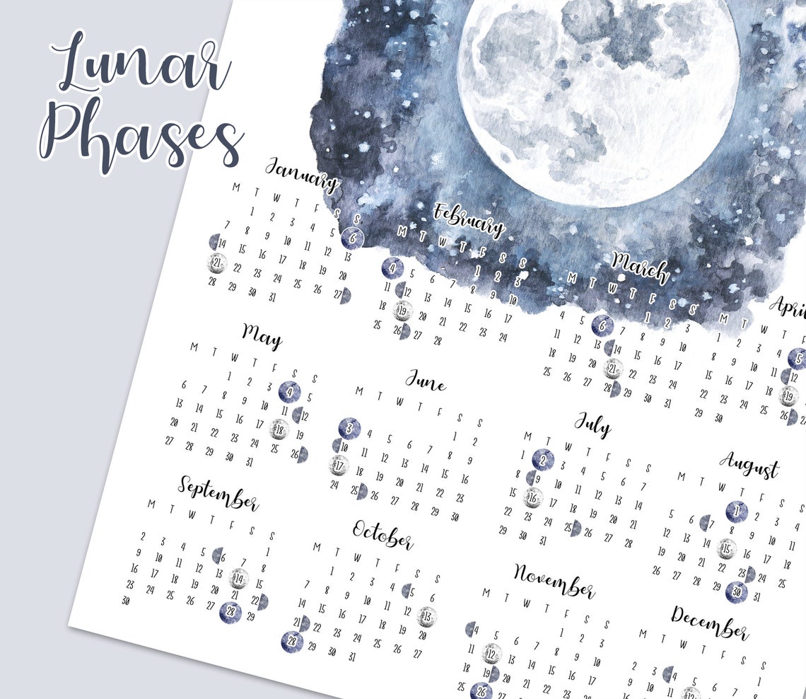 Lunar Calendar 2019 PRINTABLE Moon Phases Yearly Overview | Etsy