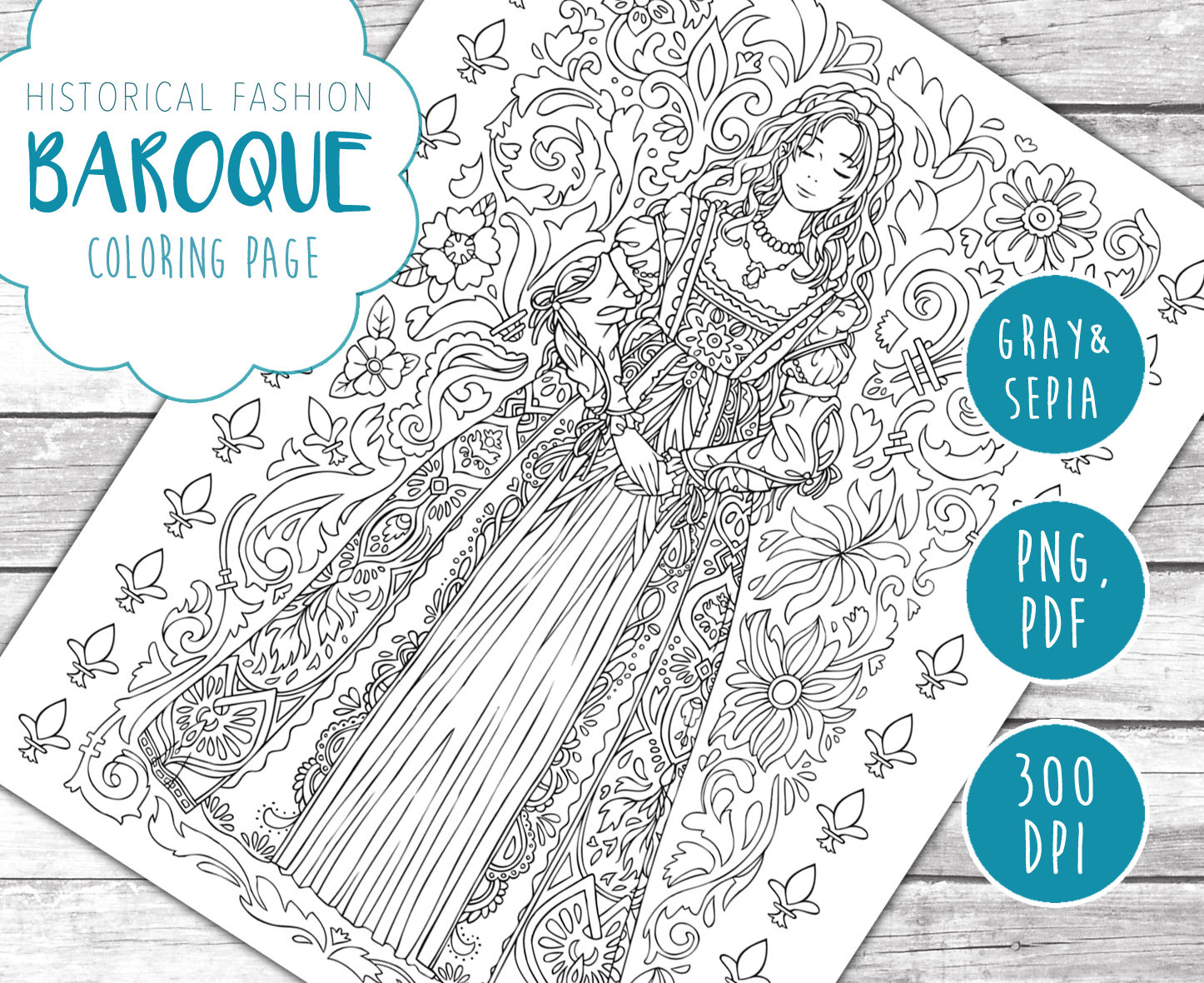 Historical Fashion Coloring Page For Adults Printable Etsy