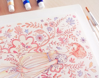 Página para colorear imprimible de moda histórica 'Regency' - Dibujos para colorear para adultos, ilustración de moda dibujada a mano, vestido Regency, gris y sepia