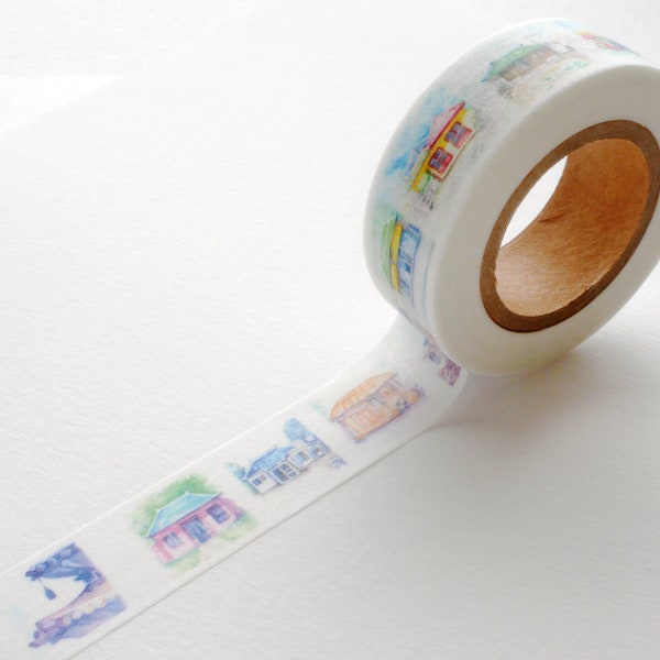 koreanische Häuser Washi Tape - 15mm Süßes Künstler Klebeband, Illustration Masking Tape, Reisetagebuch, Aquarell Haus Korea Kunst, Snail Mail, Midori