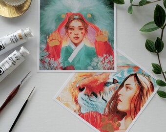 Korean Mythology Art Prints | Tiger & Bear, Myth of Ungnyeo, Traditional Korean Art Print, Hanbok Art, Acrylic Portrait Painting
