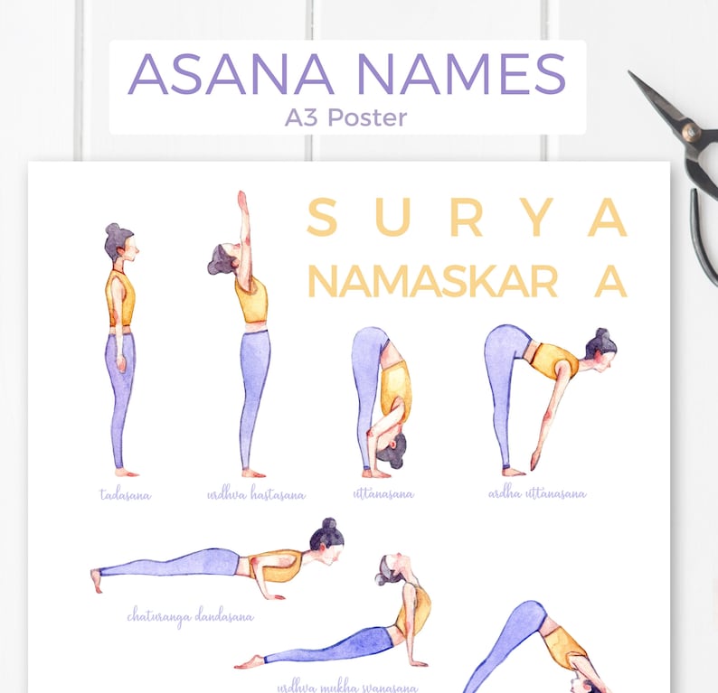 sun salutation yoga poster printable ashtanga illustration etsy