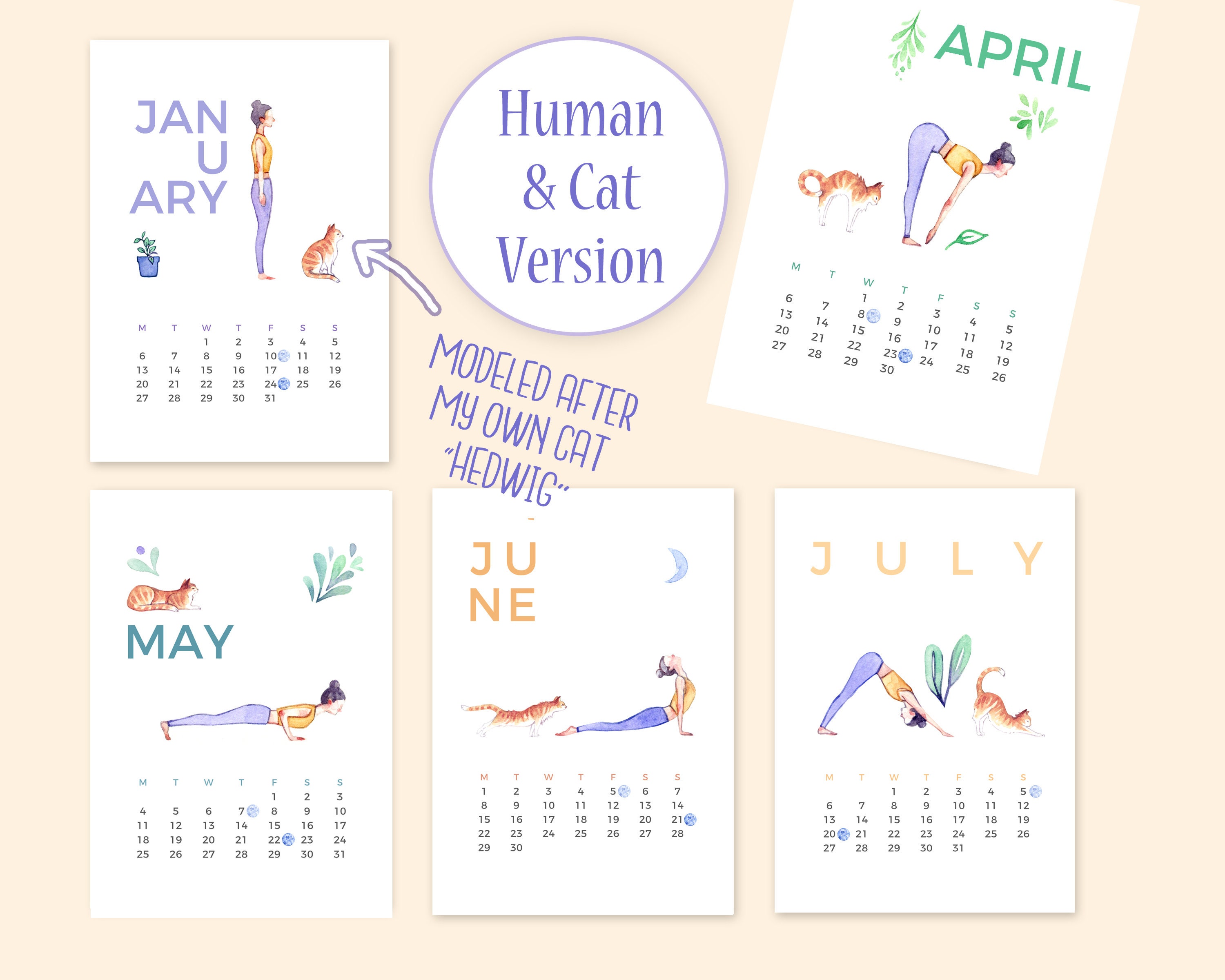Yoga & Cat Calendar 2020 Printable Digital Download Etsy
