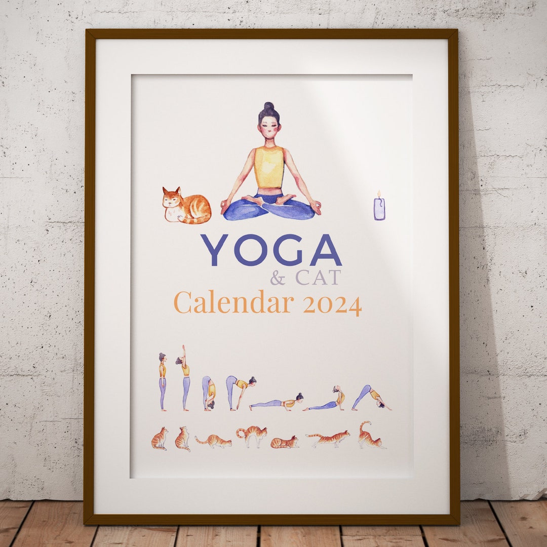 Yoga & Cat Calendar 2024 PRINTABLE Watercolor Illustration Etsy