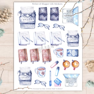 Blogging &amp; Writing Stickers PRINTABLE | Typewriter, Journals, Coffee Planner | Nanowrimo ...