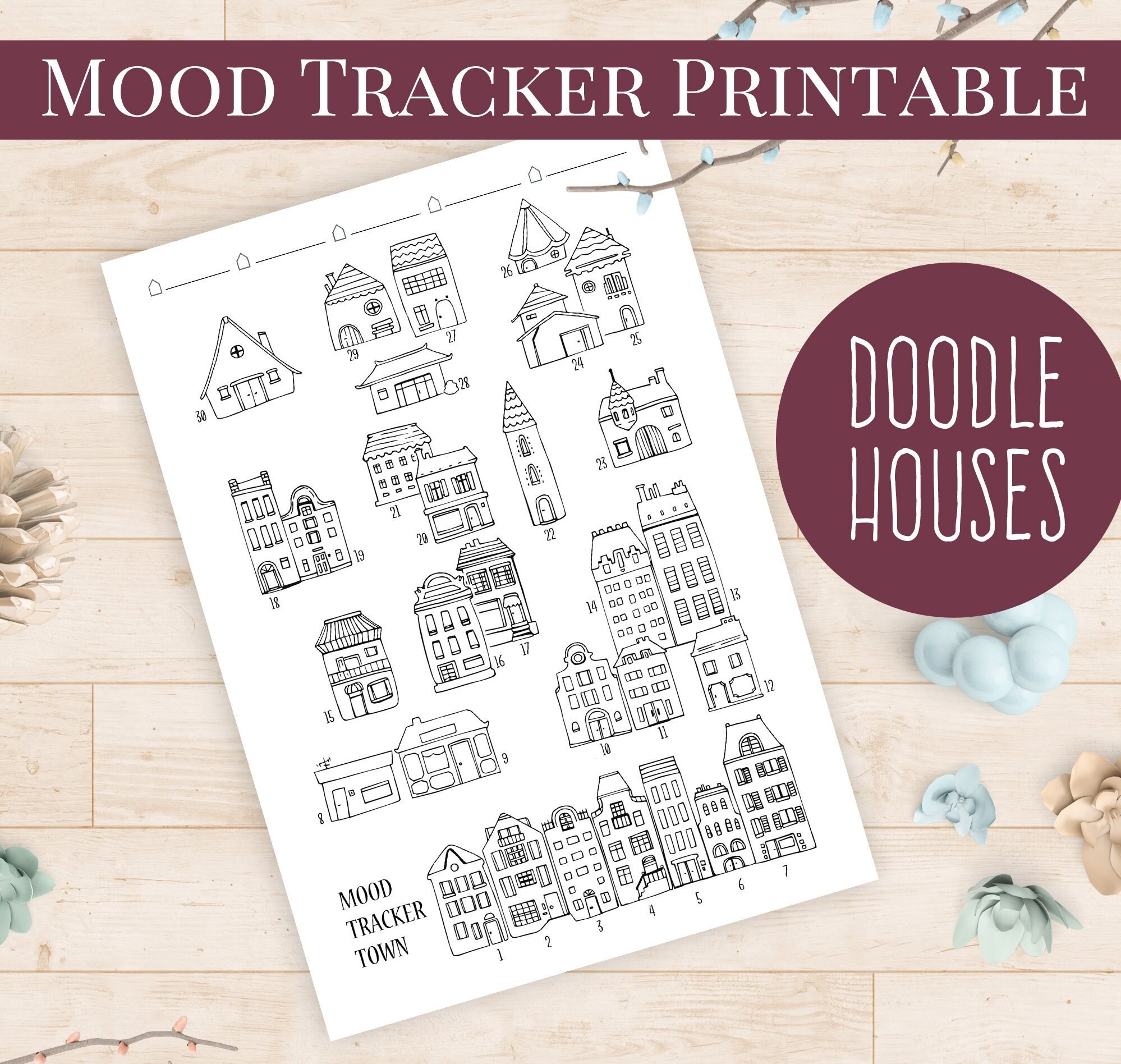Mood Tracker Printable Cute Doodle Houses Hand-drawn | Etsy UK