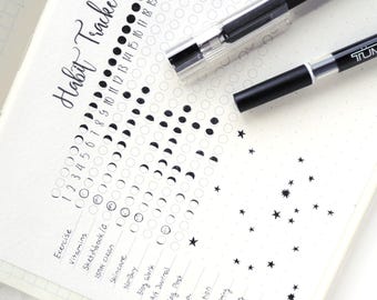 Planificador imprimible de hábitos y tareas / Fases lunares y estrellas, formato A5, cuaderno de viaje, minimalismo, bullet journal con objetivos