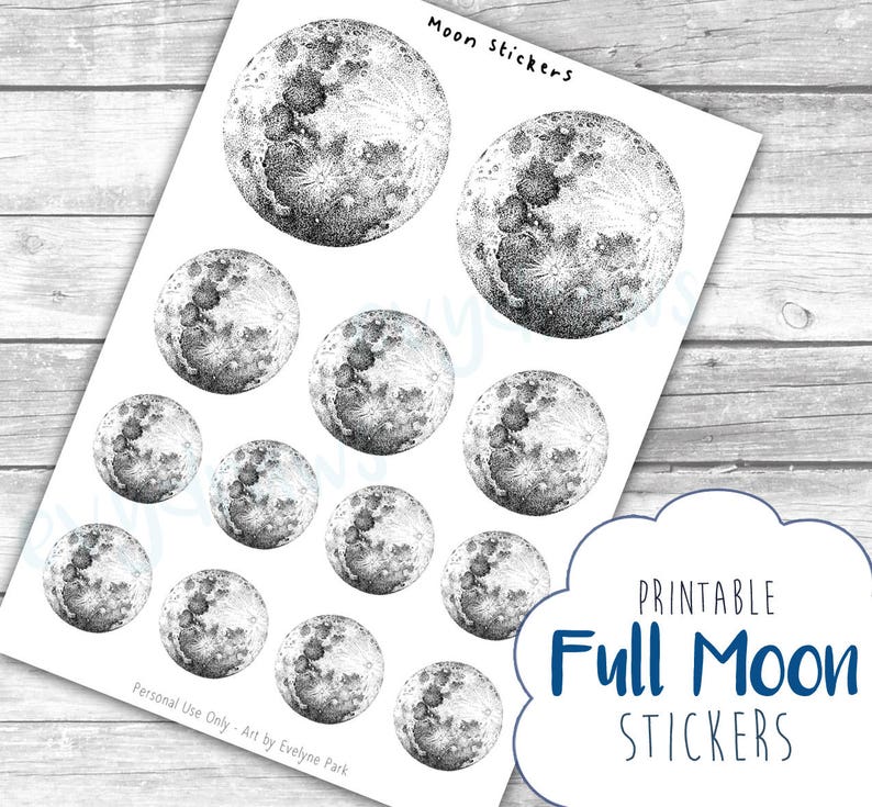 ink drawing full moon stickers printable hand drawn moon etsy