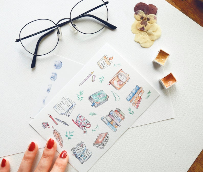 Book Illustration Postcard Little Library Art Print Gift for Book Lovers Writers Readers Cute Watercolor Artwork NaNoWriMo Card