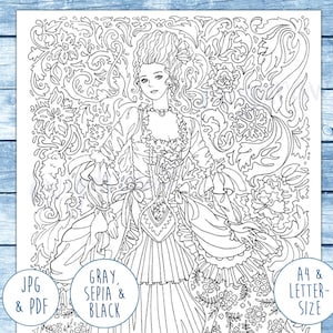 Women of History &quot;Marie Antoinette&quot; Coloring Page | Historical Fashion Illustration, Rococo Dress, Costume Drawing, Adult Coloring Digital