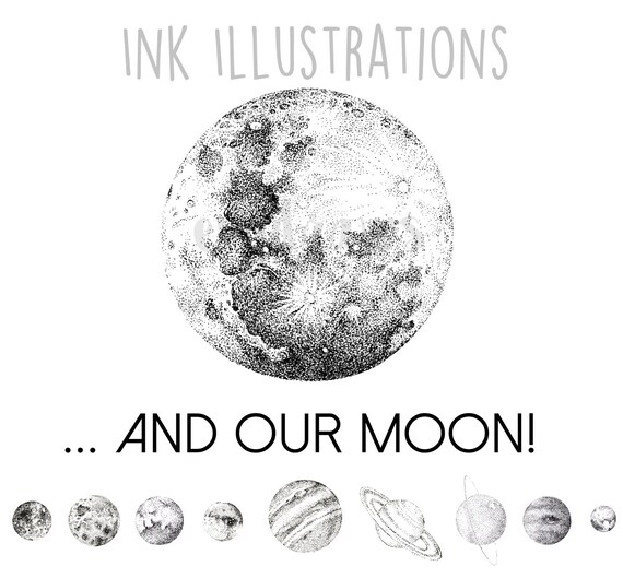 Minimalist Planets Clipart Solar System Planet Moon Illustrations Detailed Hand Drawn Clip Art Digital Download Minimalism Black White