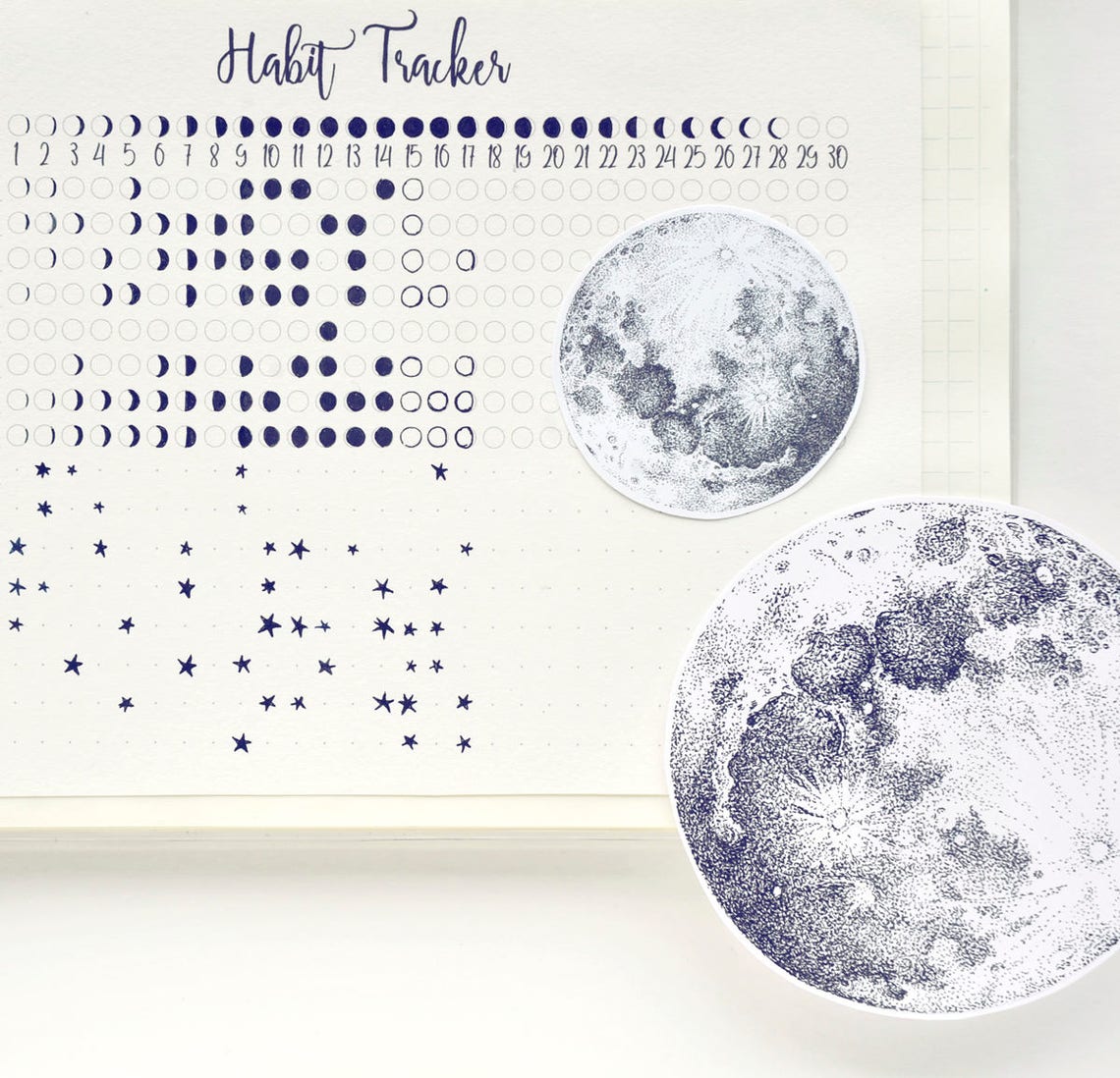 ink drawing full moon stickers printable hand drawn moon etsy
