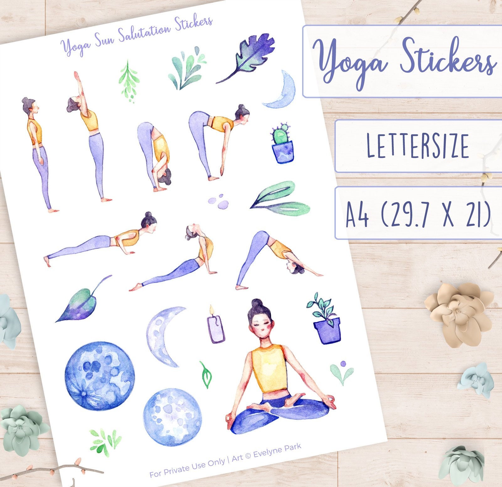 Yoga Stickers PRINTABLE Yogi Sticker Art, Watercolor Illustration, Sun  Salutation A & Meditation Planner Stickers, Digital Download 
