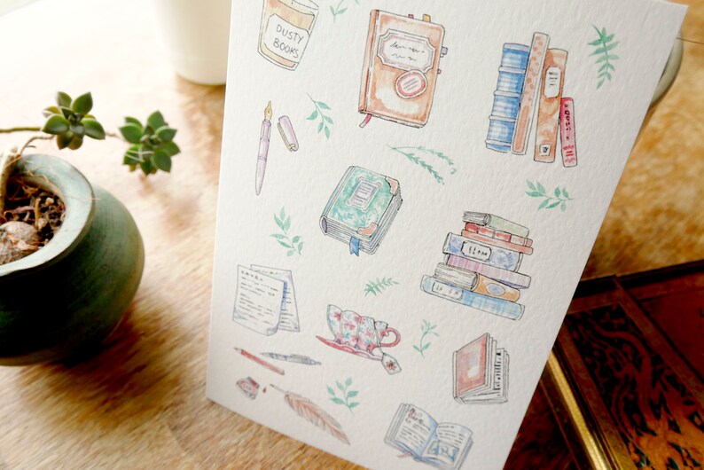 Book Illustration Postcard Little Library Art Print Gift for Book Lovers Writers Readers Cute Watercolor Artwork NaNoWriMo Card