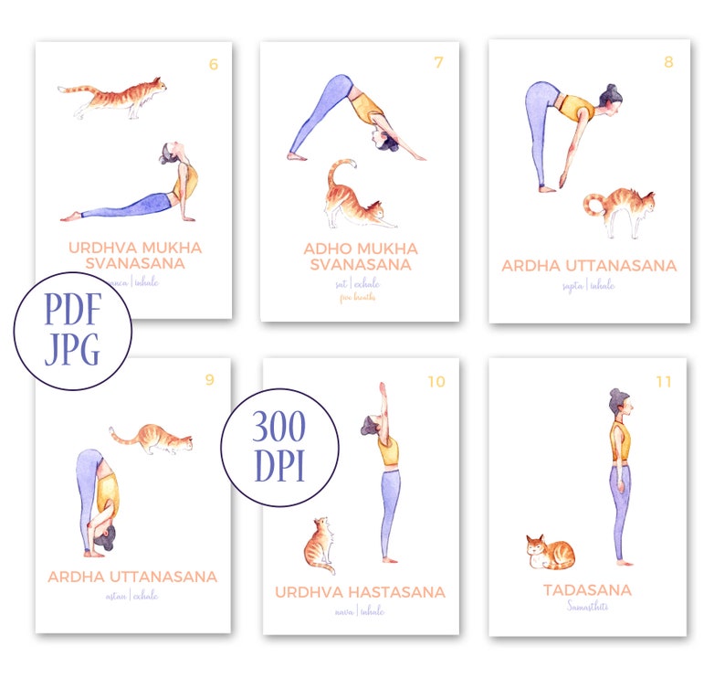 12 yoga cards sun salutation a printables yoga poses card etsy
