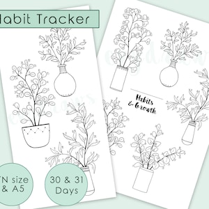 Habit Tracker Printable "Personal Growth" | Bullet Journal Pages A5 & Traveler's Notebook Standard, Potted Plants Coloring Journaling Set