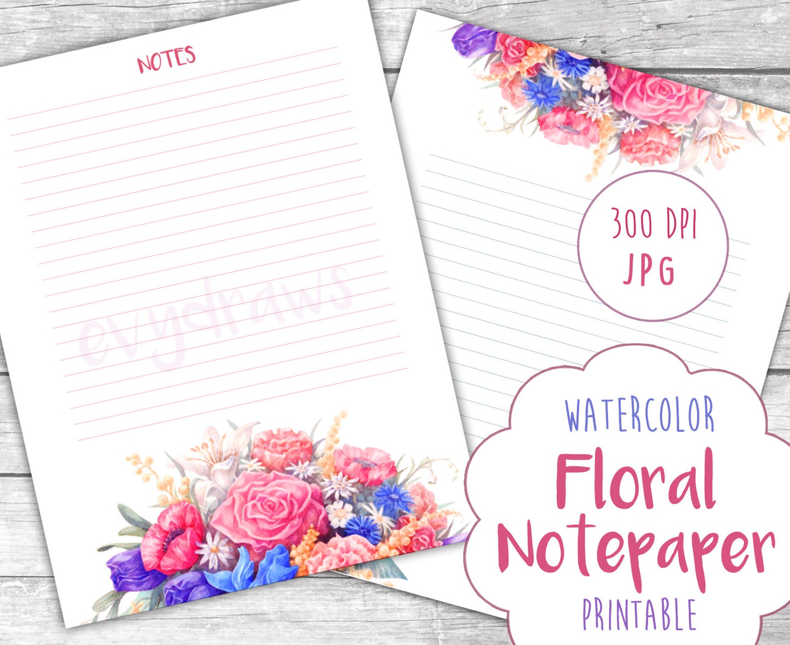 Watercolor Floral Note Printable Romantic Notes &amp; Letter | Etsy