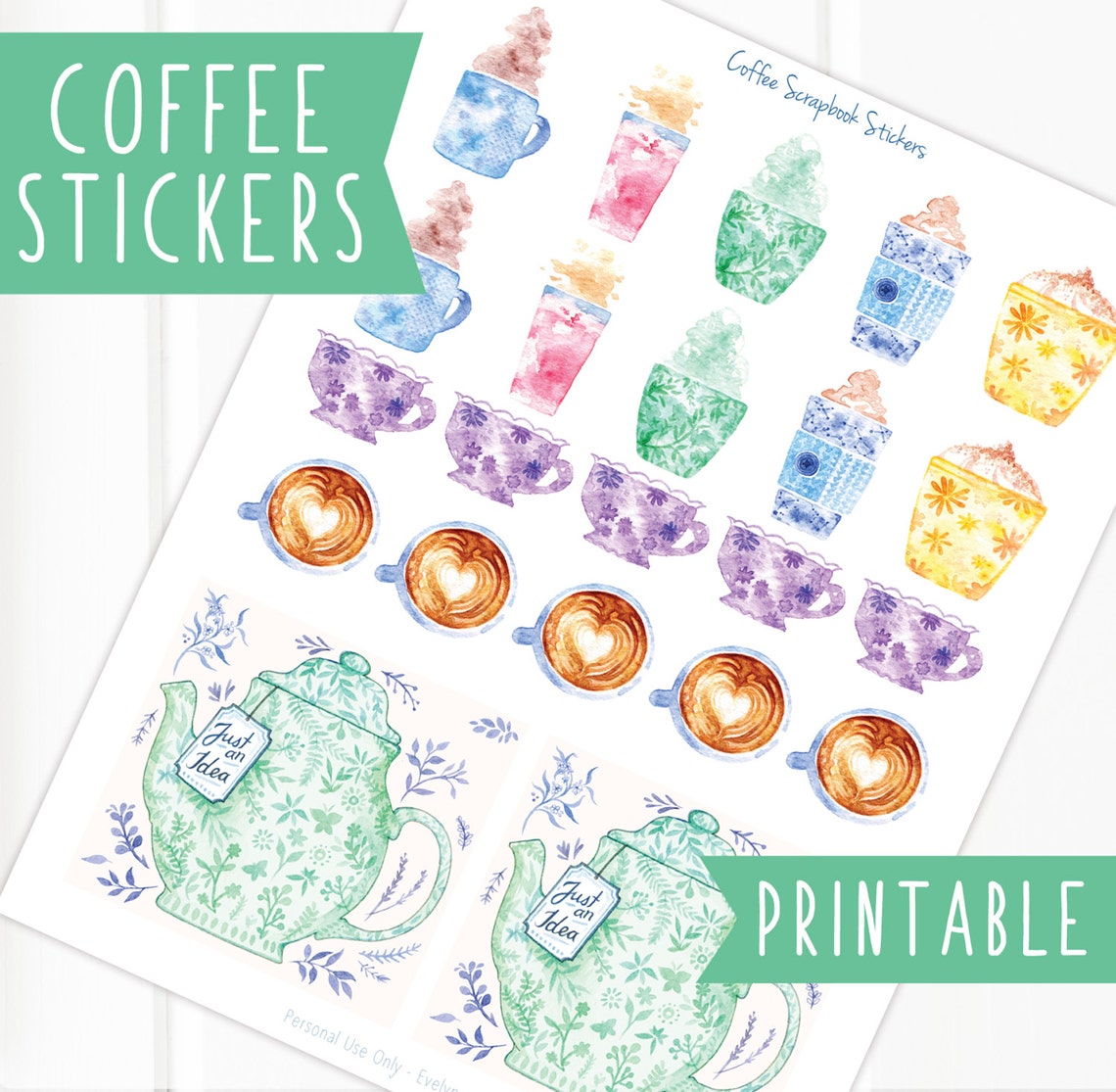 Coffee Scrapbook Stickers Printable Watercolor Tea &amp; Coffee | Etsy