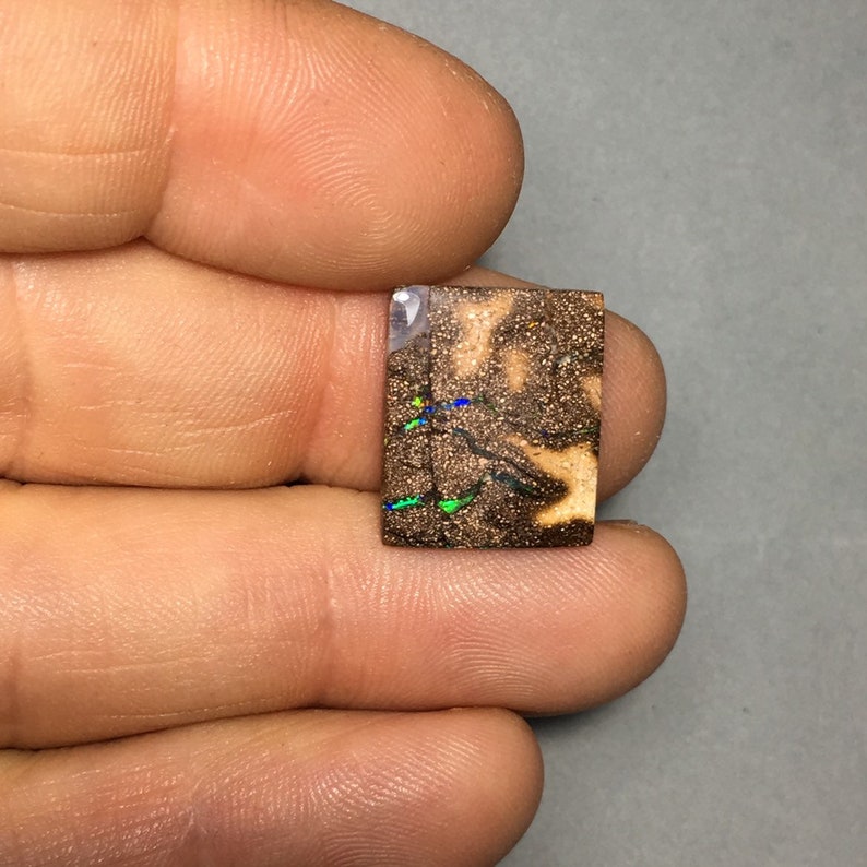 Lines of Bright Green Yellow Blue Fire Boulder Opal Rectangular Bear Hug Free Shipping 17.4 x 14.7 x 2.8 mm