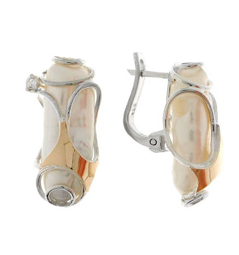 Sterling Silver Earrings Mother of Pearl Silver Jewelry Silver and Gold Earrings Clear CZ Earrings