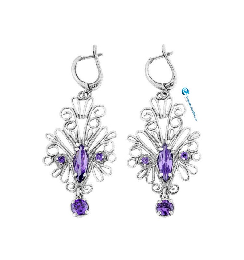 Sterling Silver Earrings handmade Purple CZ Earrings Silver Jewelry