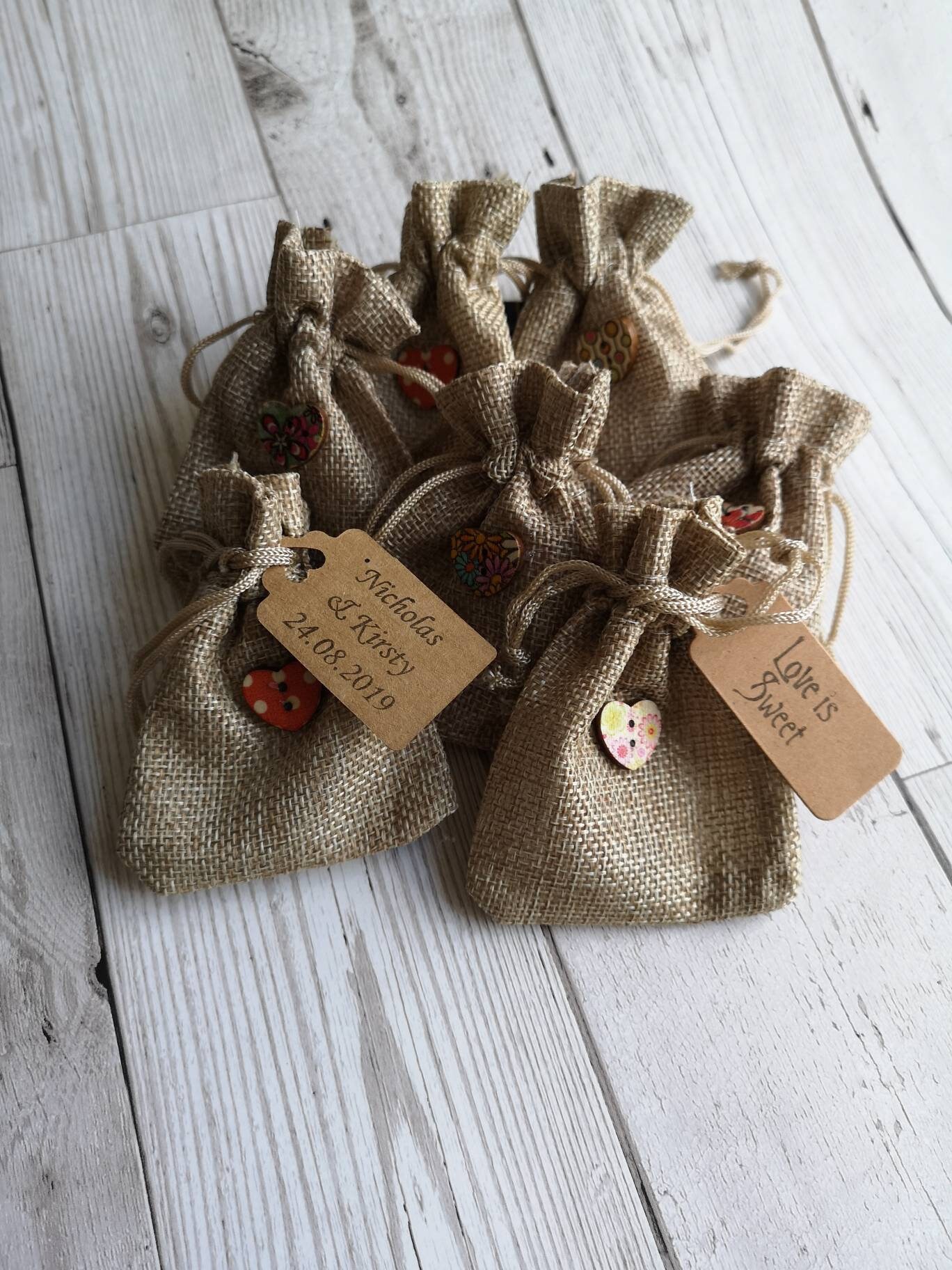 10 RUSTIC VINTAGE WEDDINGhessian favour bags/ with wooden Etsy