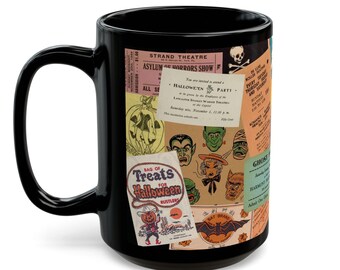 Halloween-mok, vintage halloween-mok zwarte mok 11oz 15oz, retro halloween-collagemok